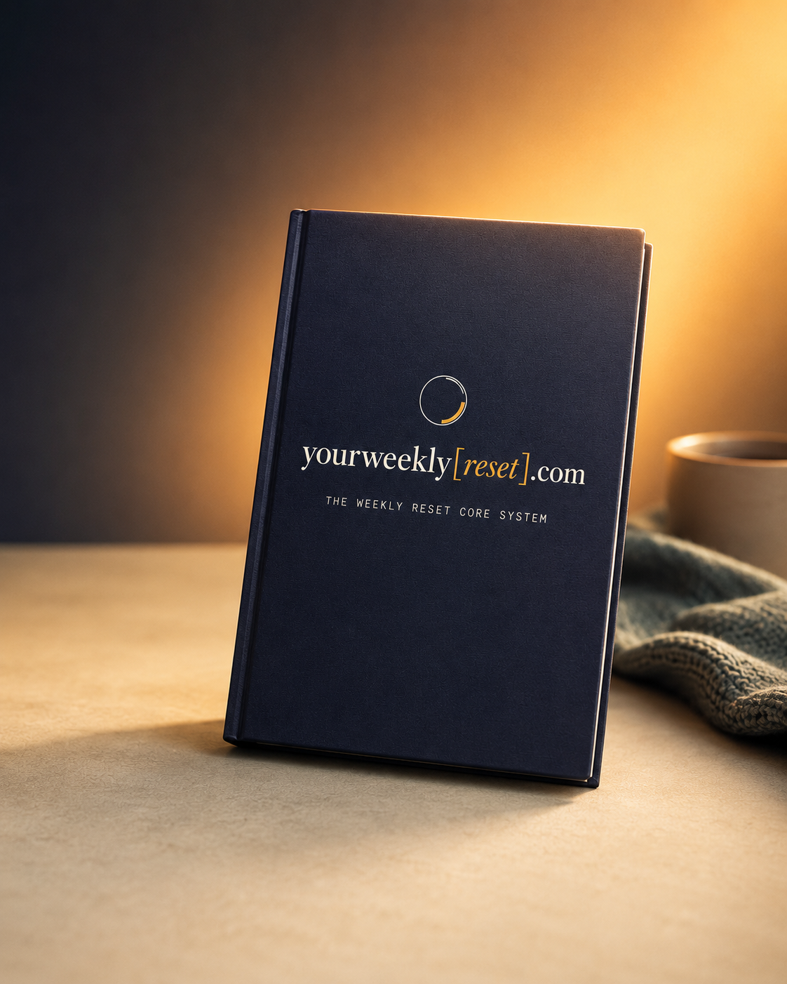 The Weekly Reset Core System — a navy planner book on a warm dusk surface